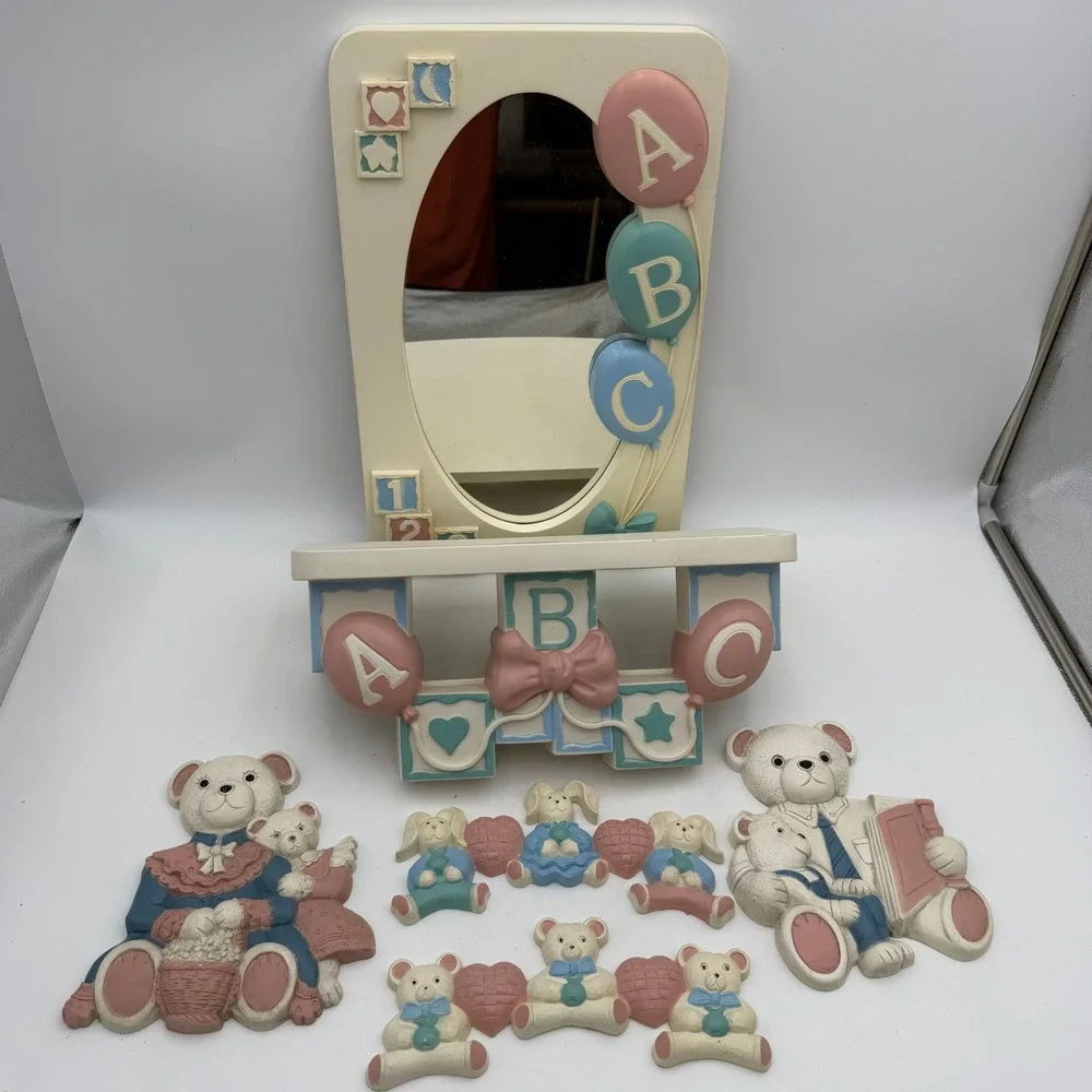 Vintage Nursery Wall Decor Set Teddy Bear Bunny Mirror Shelf Plaques Pastel 6pc